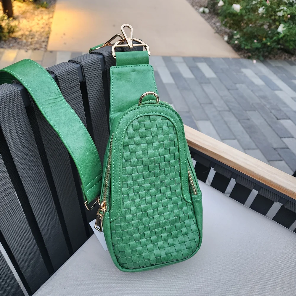 Pretty Simple Women's Waverly Emerald Woven Vegan Leather Sling Crossbody Bag - Picture 7 of 9